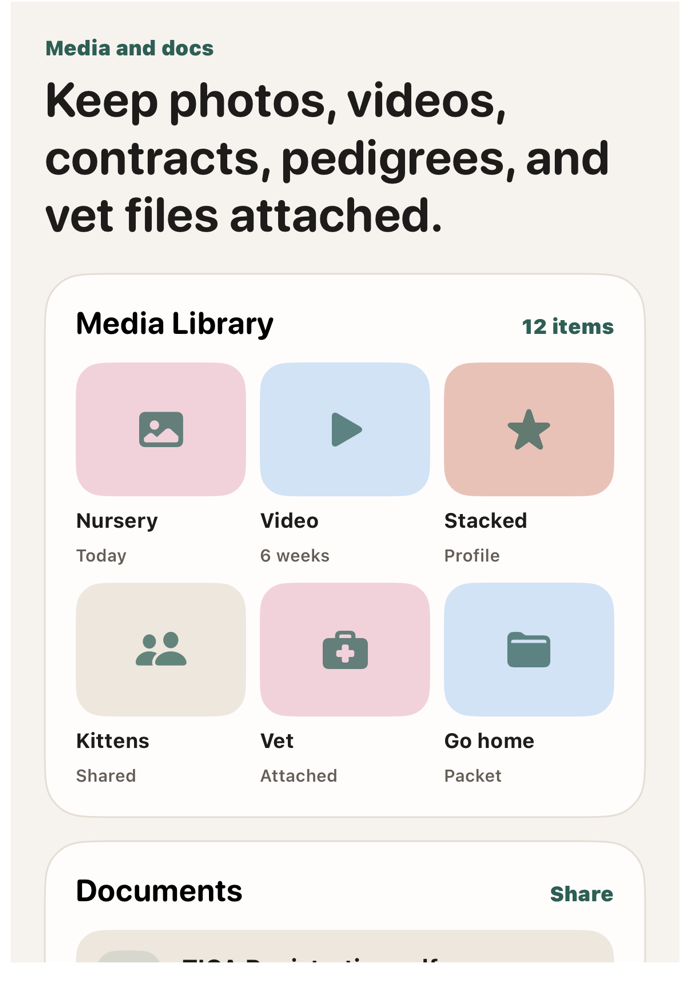 The Cat Box media and documents preview showing cat photos, videos, contracts, registration files, vet paperwork, and share action.