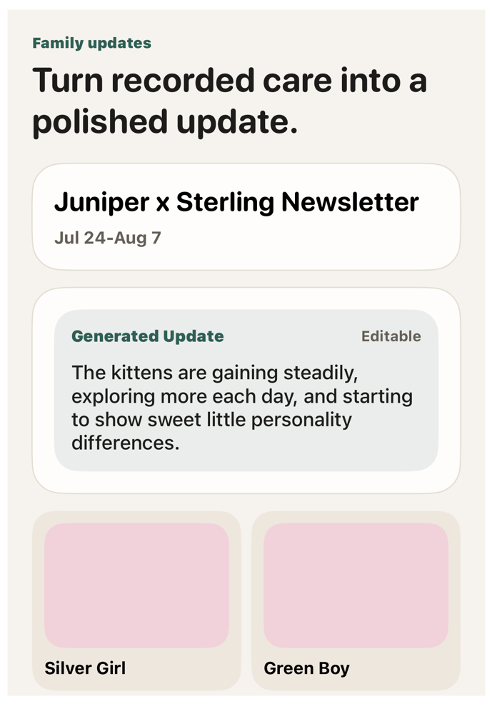 Newsletter preview showing an editable generated update and kitten photo cards.