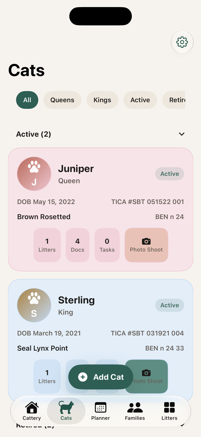 The Cat Box Cats tab showing the breeder's cat records area.