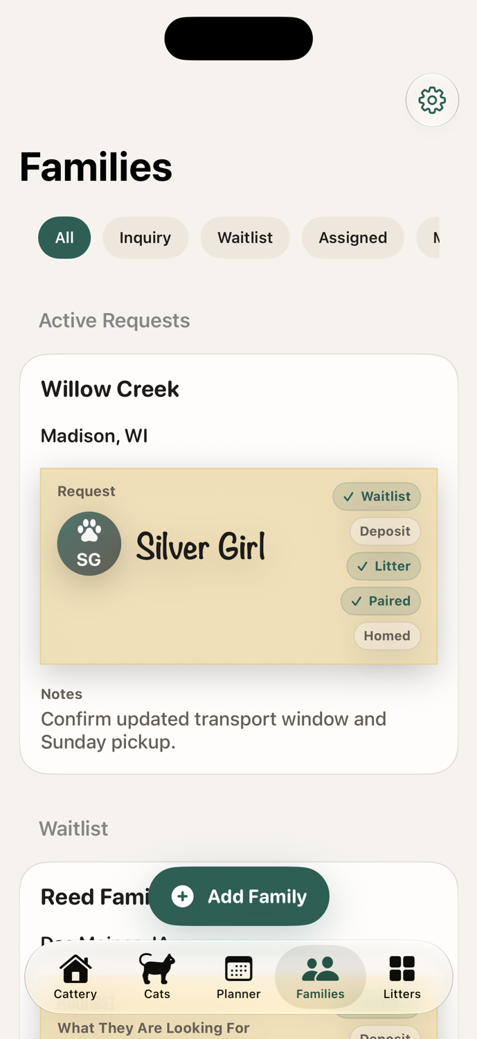 The Cat Box Families tab showing the family pipeline area.