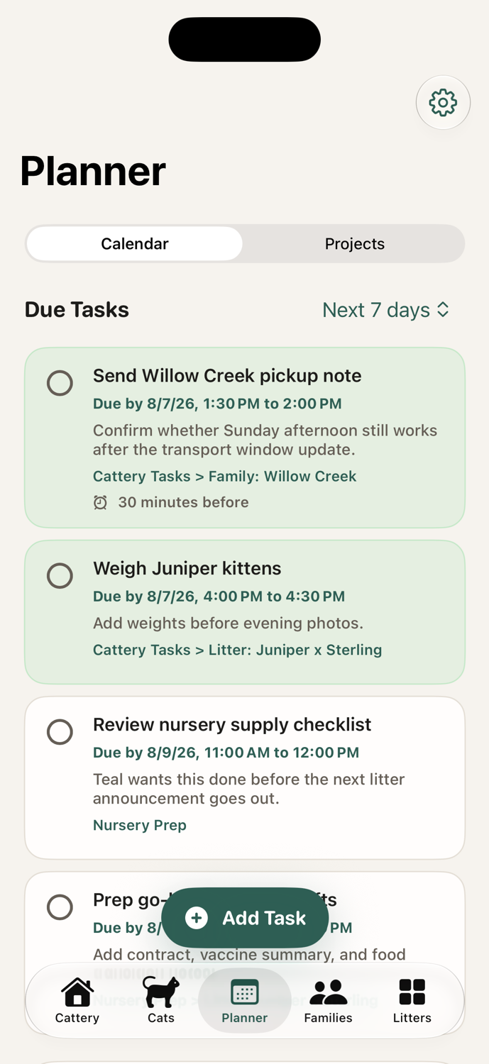The Cat Box Planner tab showing cattery tasks and planning.