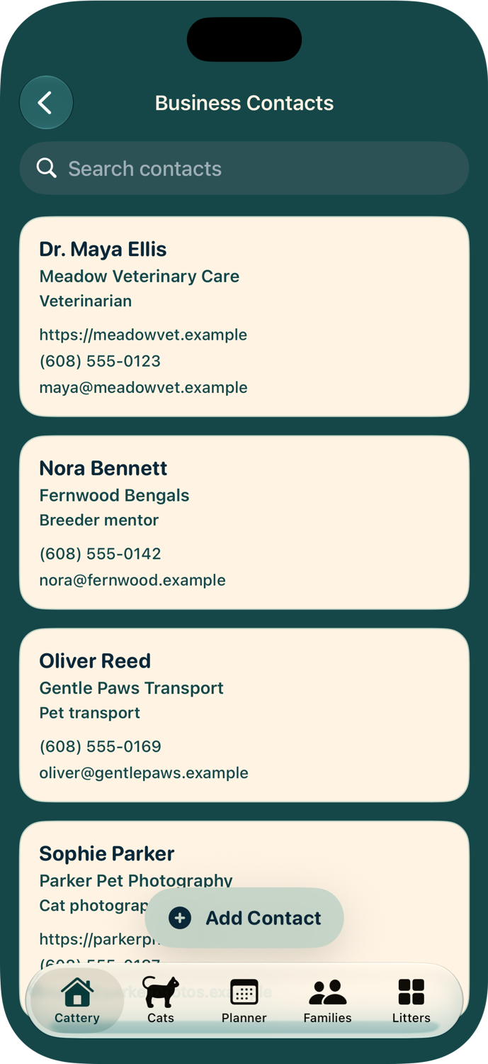 Four fictional business contacts: veterinarian, breeder mentor, pet transport, and photographer.