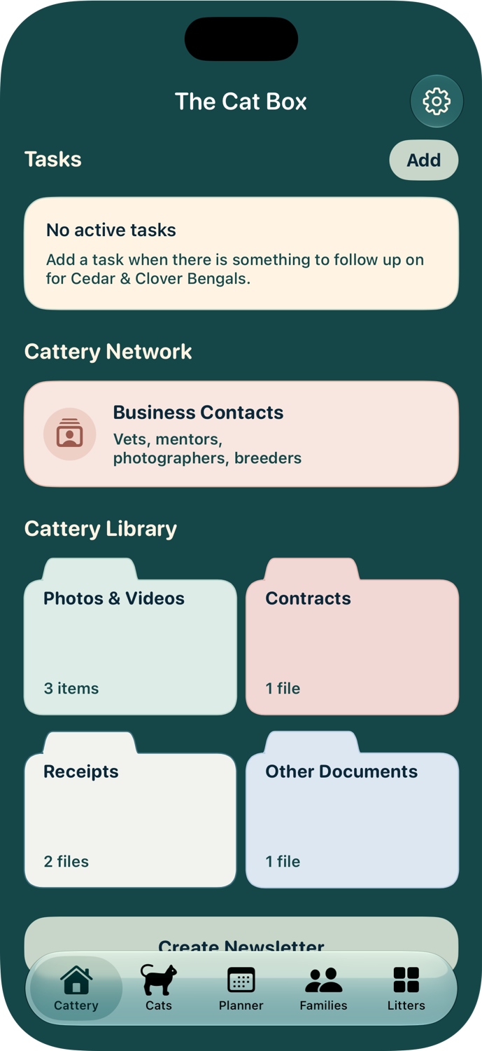Cattery tasks, business contacts, and folders for media and documents.