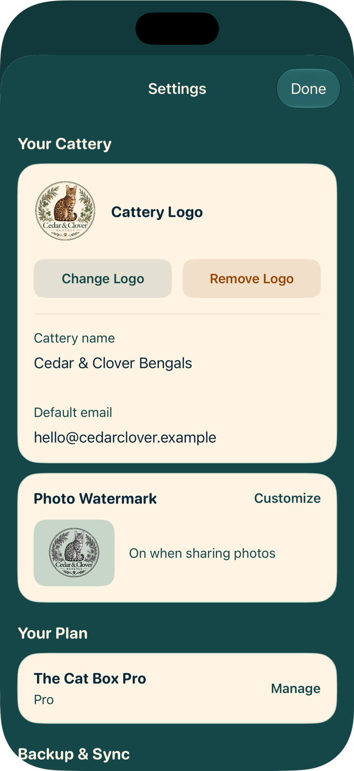 Cedar & Clover Bengals logo, cattery settings, and photo watermark.