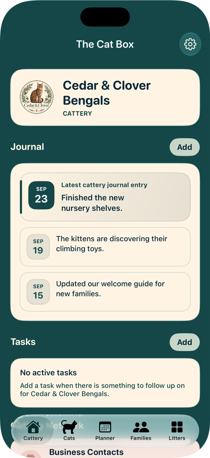 Cedar & Clover Bengals with recent cattery journal entries.