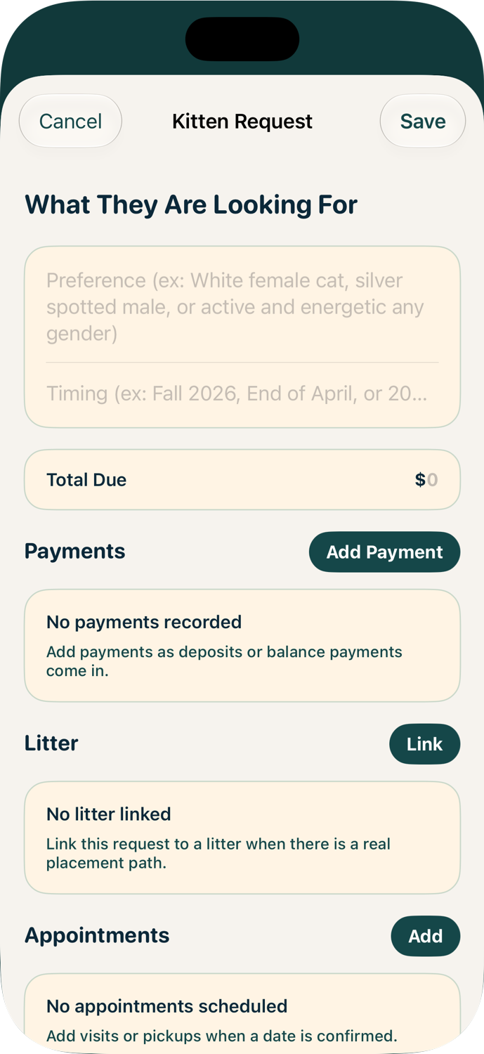 New kitten request form with preferences, payments, litter linking, and appointments.