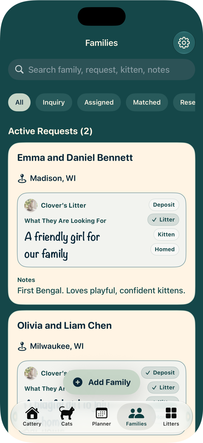 Two families with kitten requests linked to Clover’s litter, including a checked deposit for Olivia and Liam Chen.