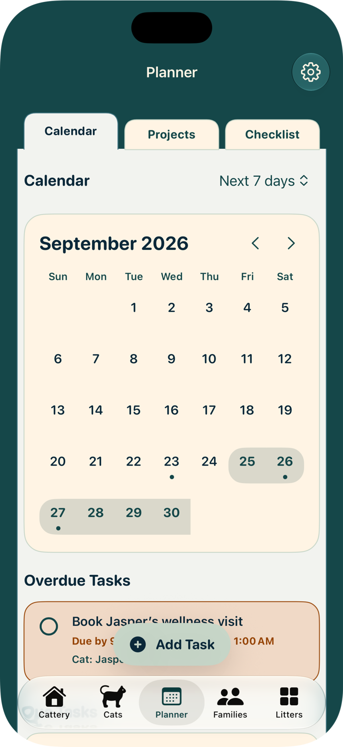 Planner calendar with scheduled dates and overdue tasks.