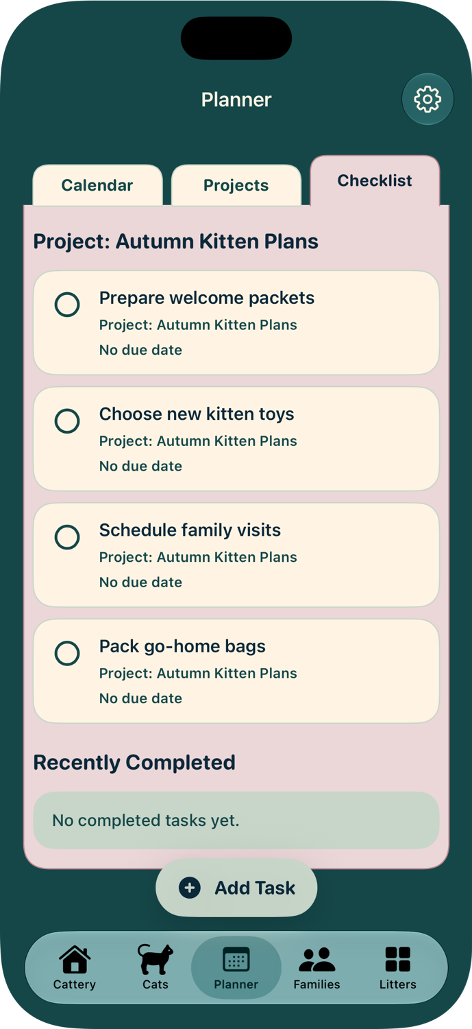 Autumn Kitten Plans with four project checklist tasks.