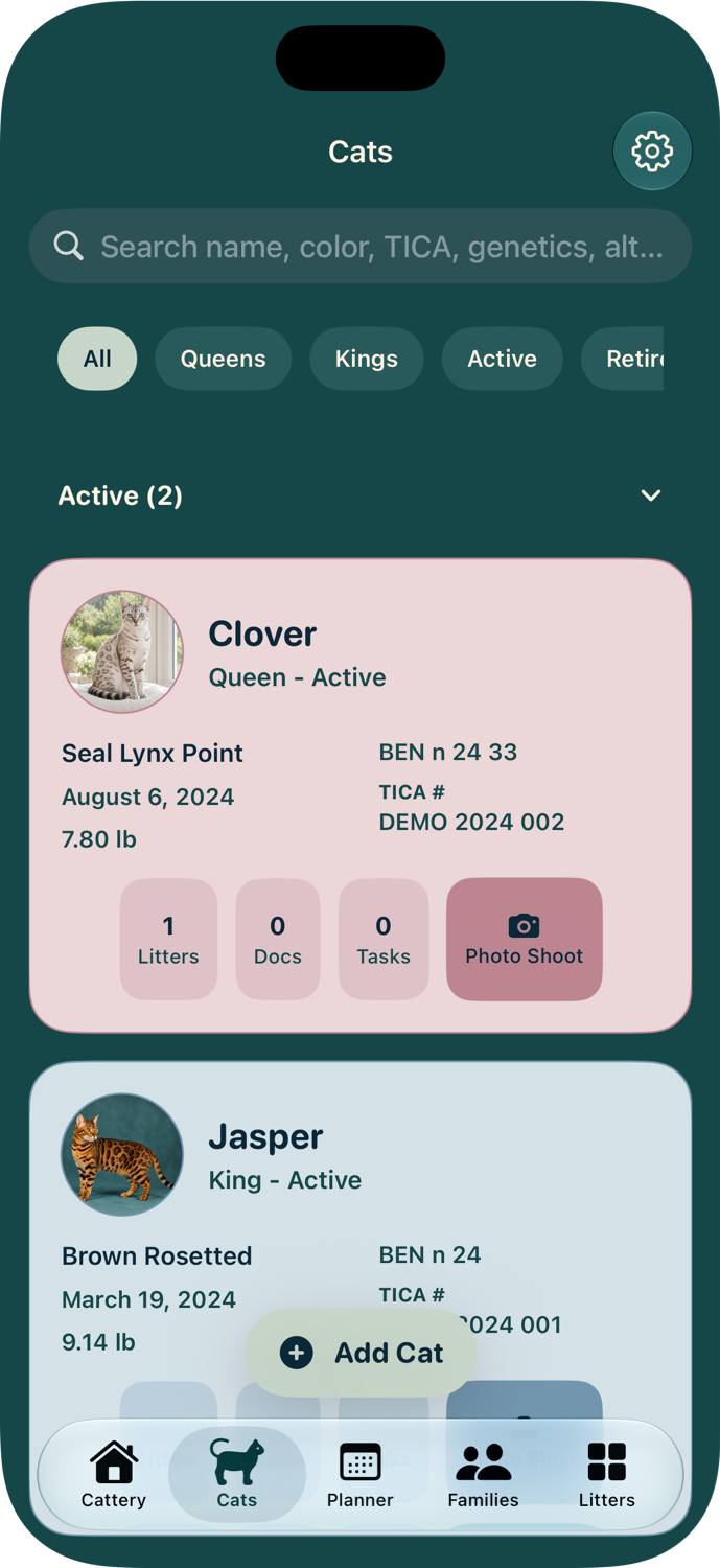 Clover and Jasper with profile photos and cat records.