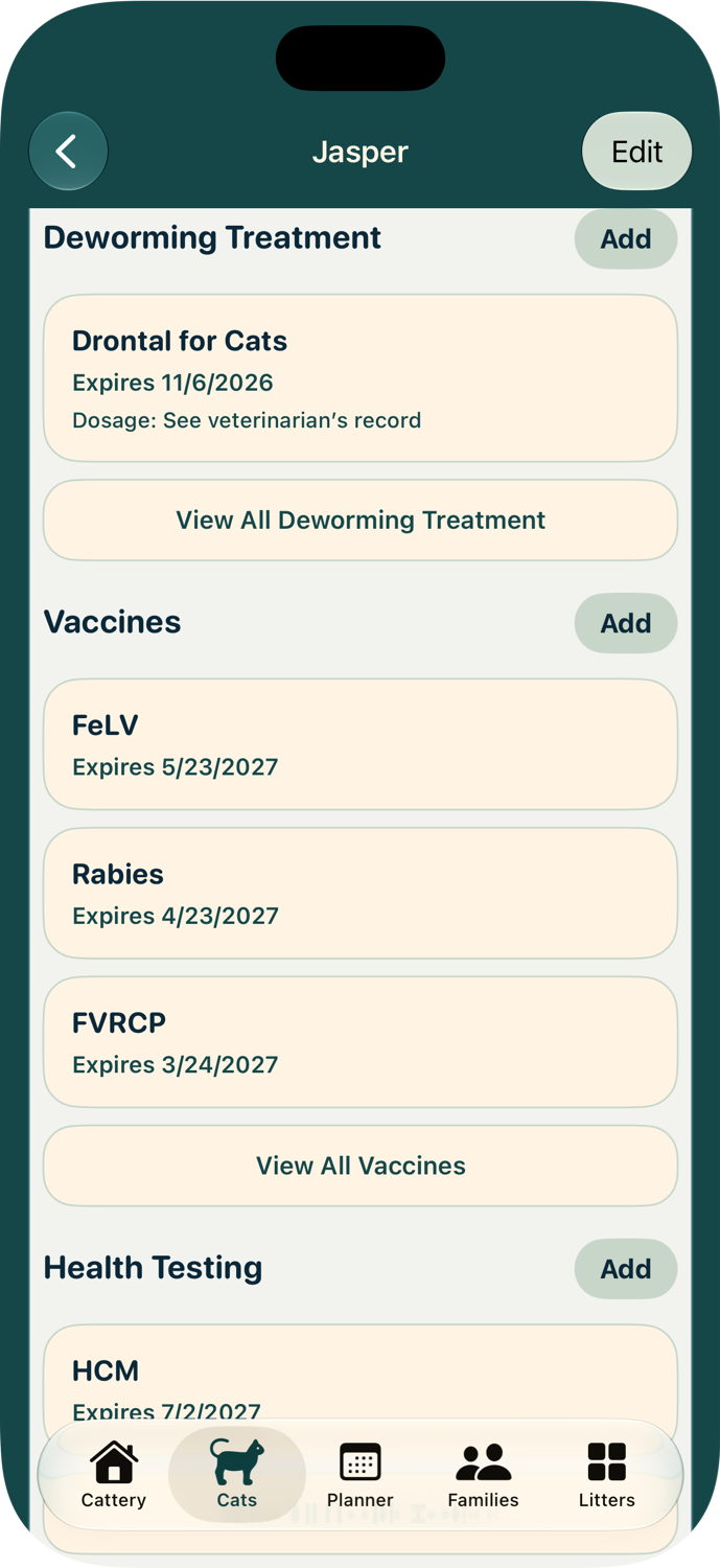 Jasper’s deworming, vaccination, and health testing records.